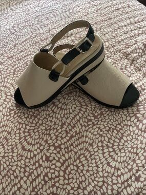 Two-Tone Cream and Black Slingback Platform Sandals